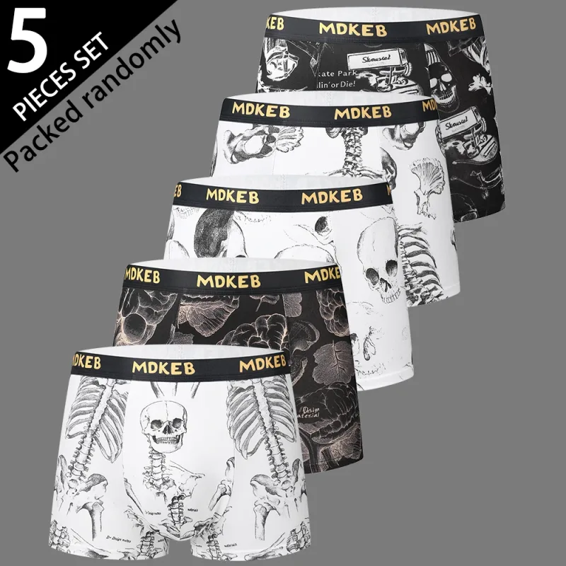 5-Pack Men's Mixed Hair Boxer Briefs with Popular Skull Print Mid-Waist Thin High Elastic Comfortable Men's Boxer Shorts