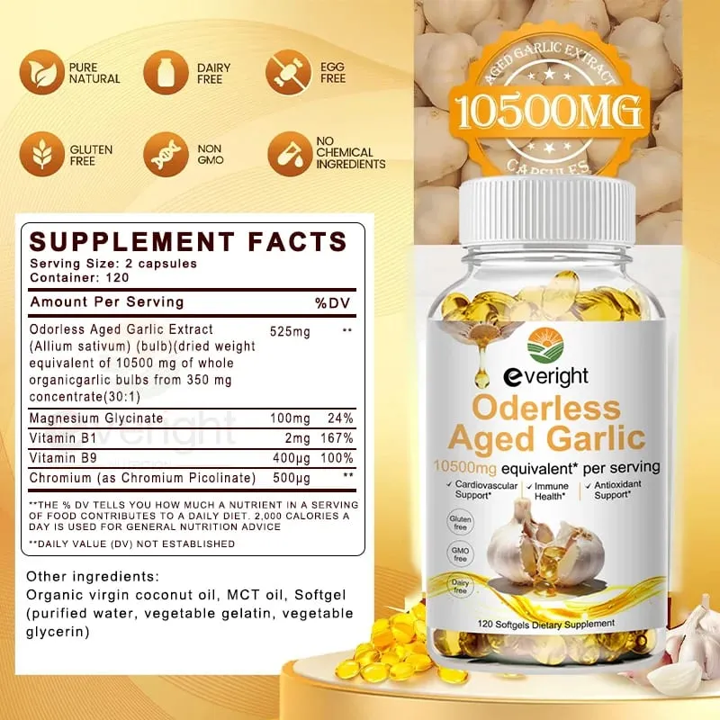 Aged Garlic Extract Capsules Odorless with Magnesium Chromium B1 & B9 Support Immune Heart Cardiovascular Health Supplement