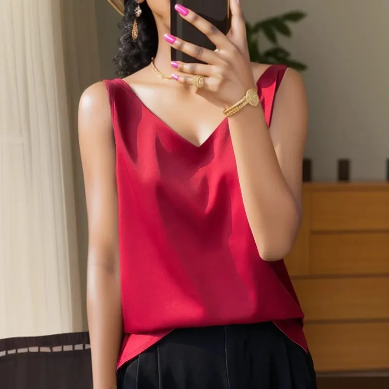 Νέο Lce Silk Satin Camisole Γυναικεία Άνοιξη/Καλοκαίρι μονόχρωμο αμάνικο σέξι άνετο μεταξωτό εσώρουχο RW-D09 — image 4