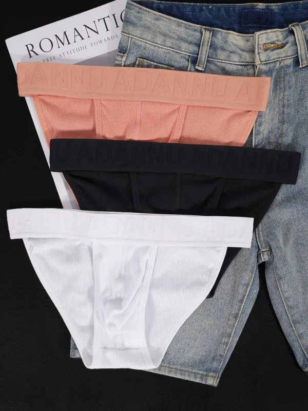 Men's Cotton Ribbed Skin-Friendly Bare Feel Convex Pouch Briefs, Embossed Letter Wide Waistband Slim Fit Underwear — image 5