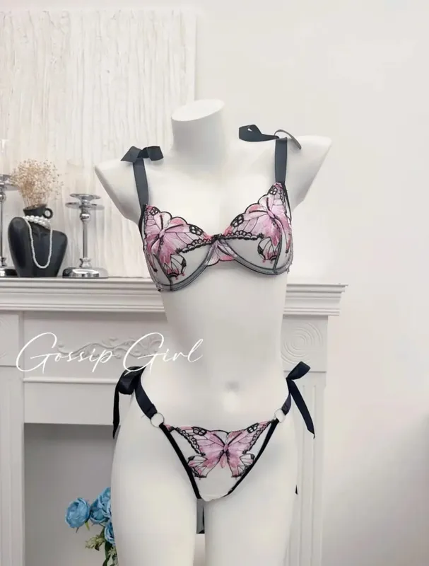 Reggente Pizzo Francese Farfalla Rete Trasparente Spalline Elastiche Senza Spugna Σετ Intimo S-XL Nuovo Morbido — image 10