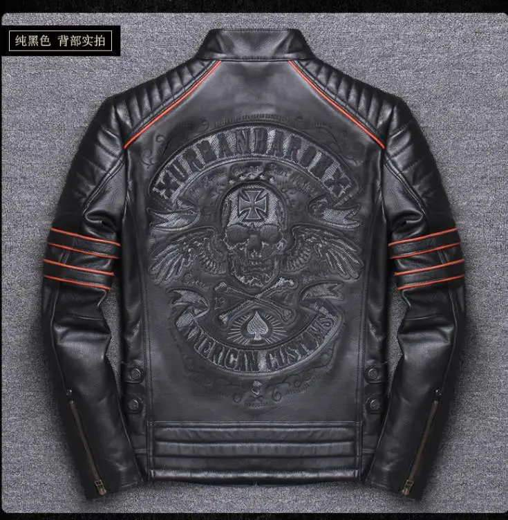 CC Shop.Brand skull cowhide coat.8XL Plus black slim genuine leather jacket,Rider leather cloth.Chaqueta de cuero esqueleto — image 3
