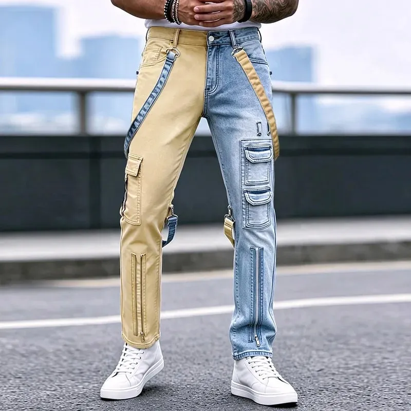 Y2K ג'ינס לגברים Techwear מכנסיים רטרו מטען מתרחבים ג'ינס מג'ינס ניגודיות צבע שחבור רצועת Streetwear מכנסי ג'ינס