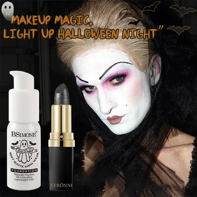 2 τμχ Σετ Black Diamond Glitter Lipstick & White Foundation Halloween Cos Stage Creative Makeup Kit For Face & Lip