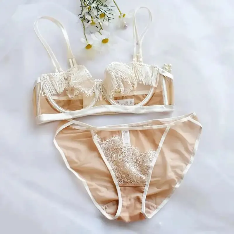 סט חזיית חזייה צרפתית סקסית קלה יוקרתית - Sheer Mesh Minimizer Bralette Ultra-Thin Lace הלבשה תחתונה מכירה מוגבלת במלאי