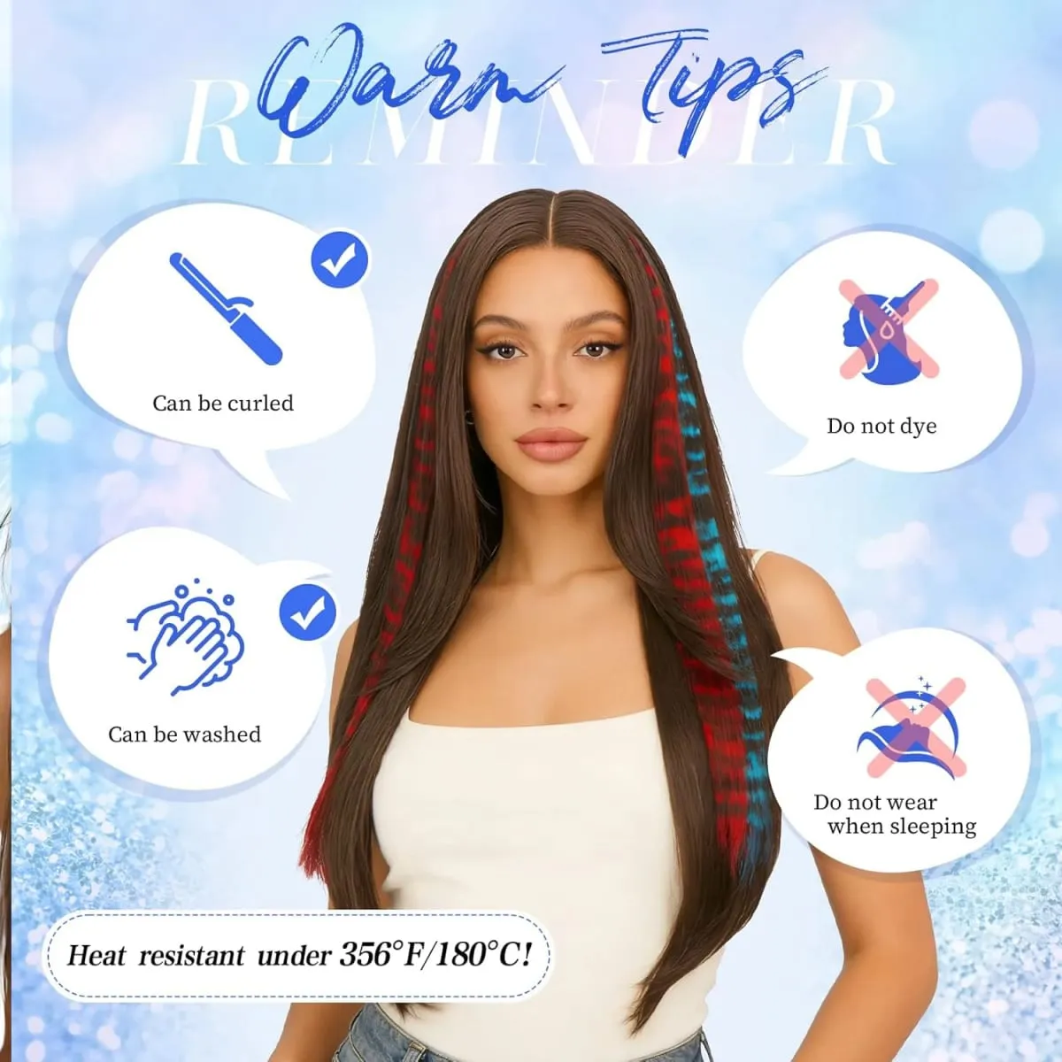 קליפס מודפס נמר בתוספות שיער -5 יחידות קליפס כחול ארוך סינטטי ישר בתוספות שיער חתיכת שיער מודפסת בפס