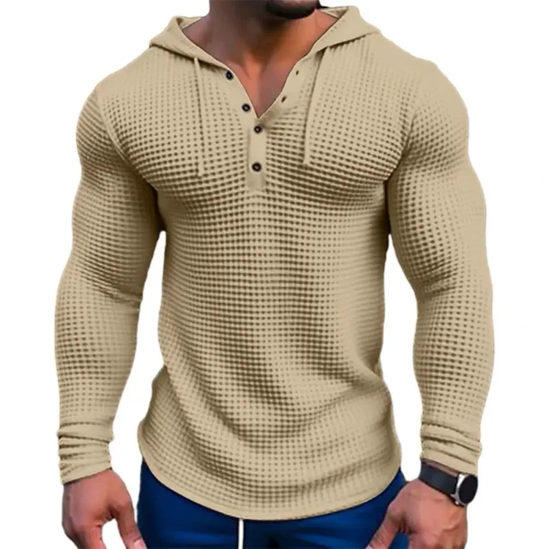 Camiseta de manga larga ajustada de Color sólido para primavera, Top deportivo transpirable con capucha para hombre, camisa informal de manga larga de algodón Waffle