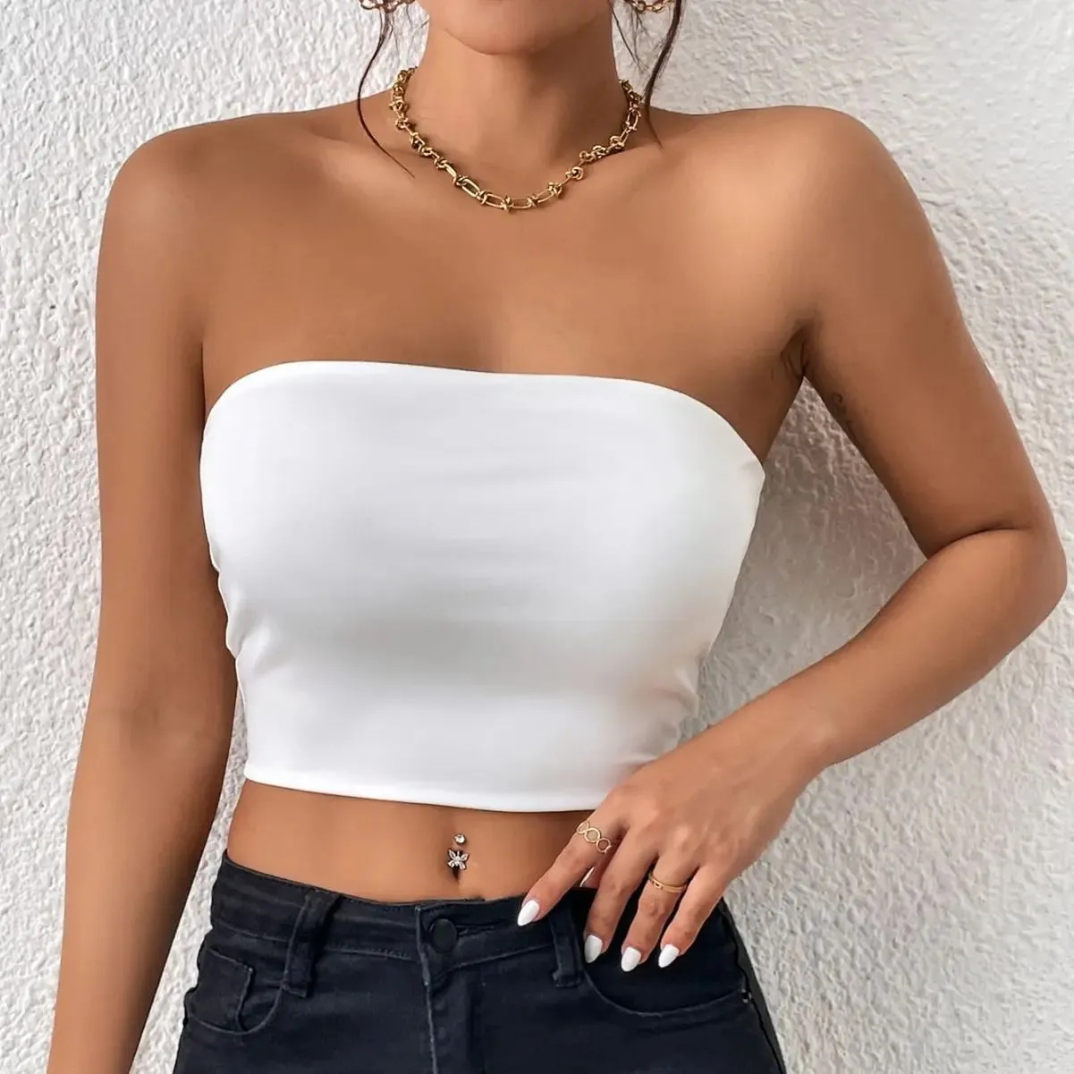 גופיית סטרפלס כתפיים קרופ חולצות נשים קיץ Camis צבע אחיד קמיצה אופנה נשים ללא שרוולים קצוץ בגדי Y2K