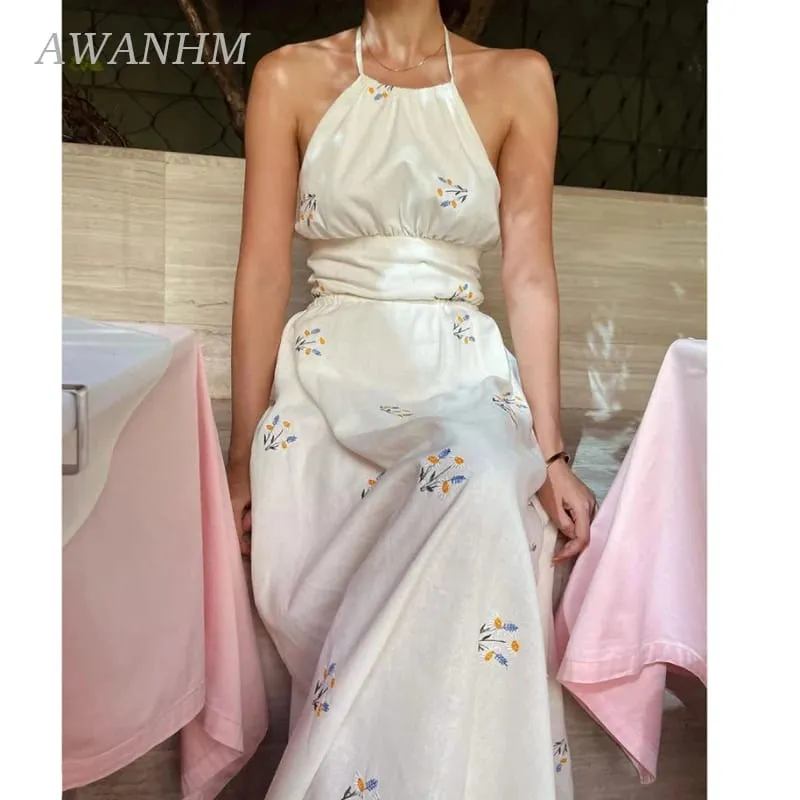 Women's Summer Sleeveless Cotton Hemp Halter Neck Dress Daisy Embroidery Backless Lace Up Long Dress