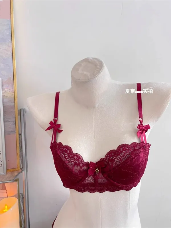 סט חזיית תחרה אלגנטית חצי גביע לנשים רך חוט אסוף תמיכה דקה צנוע מעודן תחרה נוחות סט הלבשה תחתונה 4 צבעים 32- — image 10