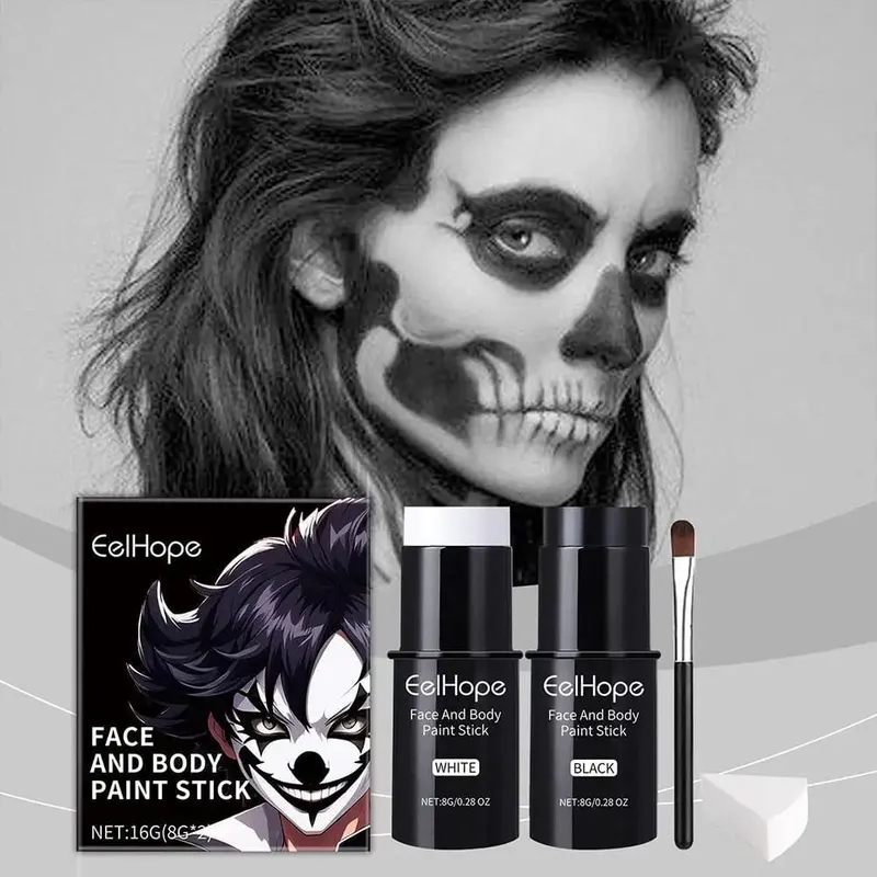 Halloween Black White Face Body Paint Kit Full Coverage Lighweight Foundation Clown Joker Makeup Festive Makeup Accessories Set