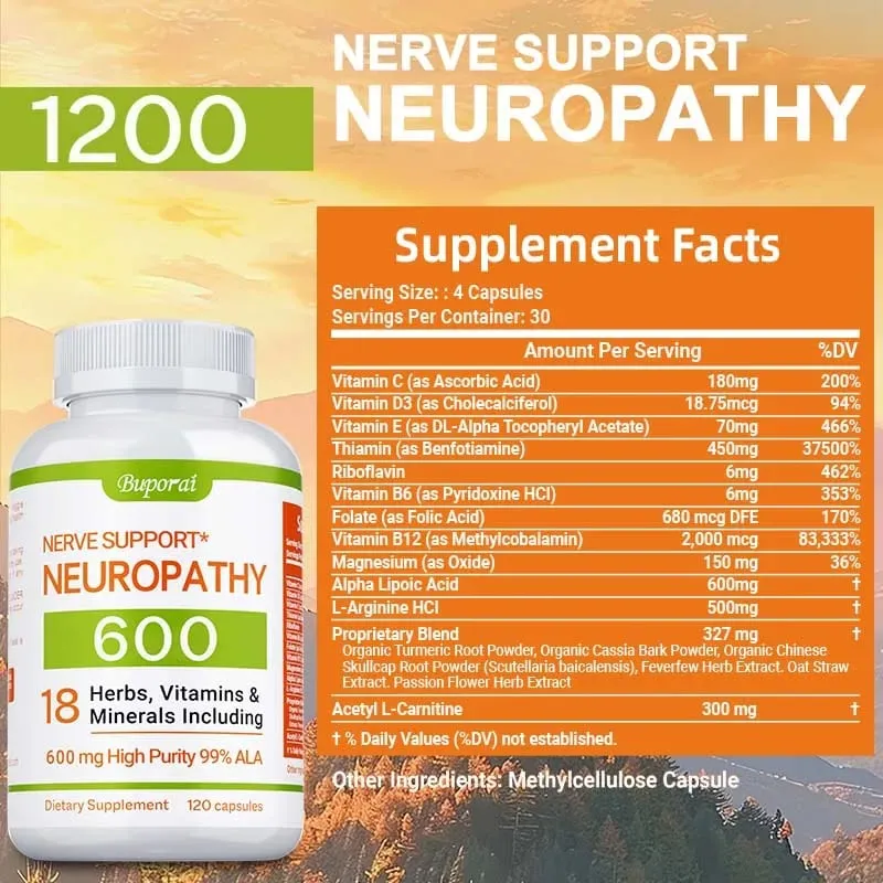 Neuropathy Support Supplement 600mg - Supports The Nervous System Relieves Stress Promotes Brain Function and Boosts Energy