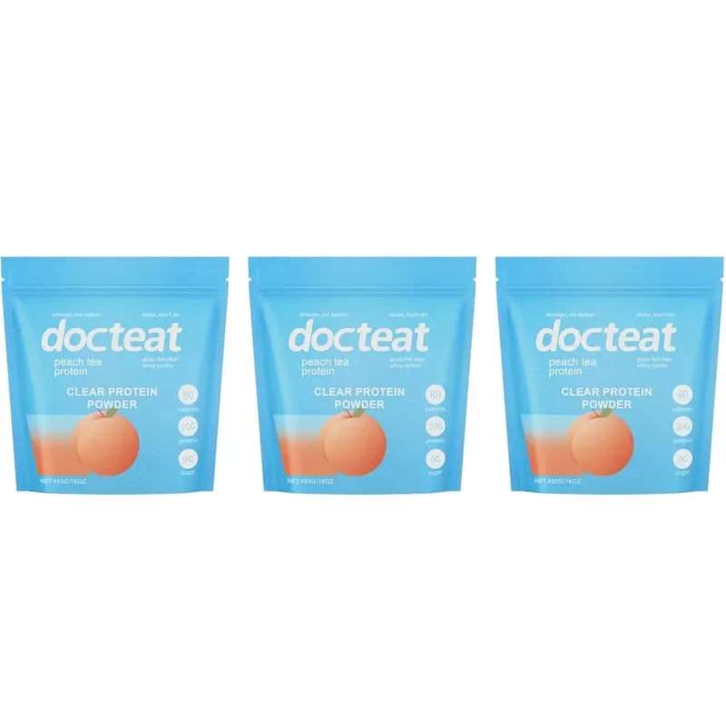 Docteat Peach Tea אבקת חלבון שקופה 455 גרם מי גבינה איזולט וסטביה 20 גרם חלבון דל שומן 0 גרם סוכר תמיכה להתאוששות אימון כושר