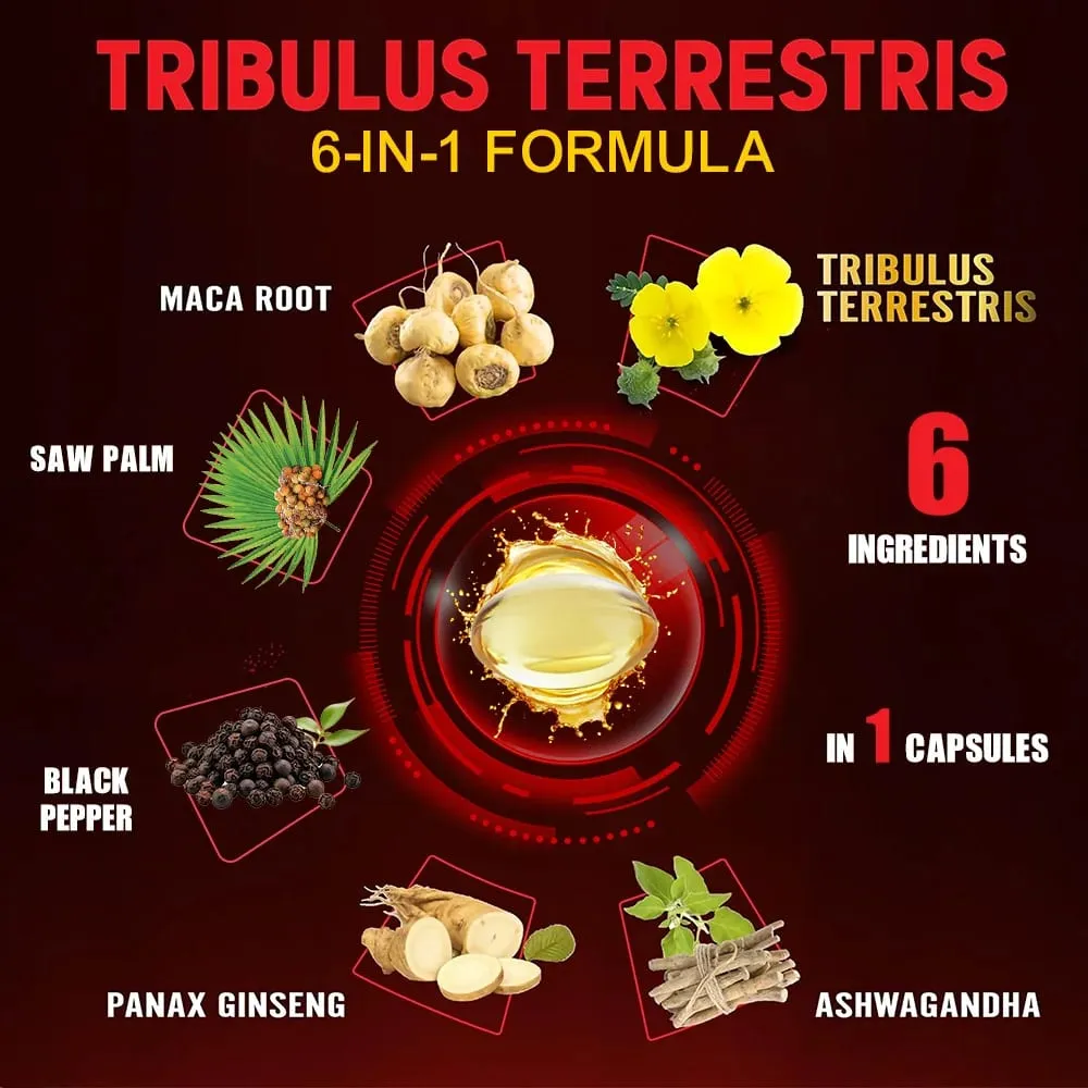 Tribulus Terrestris Extract Capsules - with Maca Ashwagandha - Energy Endurance & Natural Energy Non-GMO