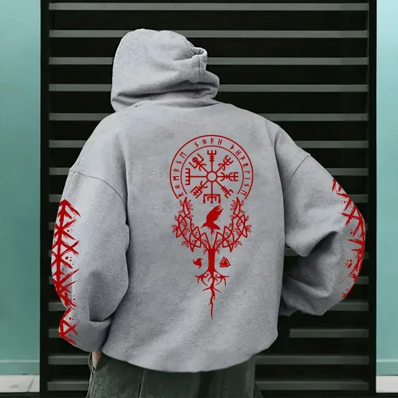 Winter and Autumn Edition Viking Nordic Runes Printed Men's Large-Sized Hooded Sweatshirt for Street Casual Wear