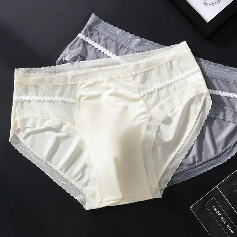Men's Sexy Lace Thin Seamless Ice Silk Briefs Underwear 3D Bulge Pouch Panties U Convex Sexy Underwear Ice Silk Lace Thin — image 4