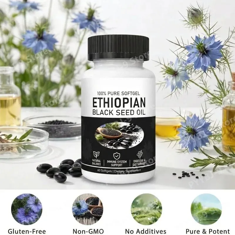 Softgels de óleo de semente preta etíope 800 mg cápsulas de extrato de ervas prensadas a frio, suporte diário de equilíbrio de bem-estar, não OGM, 60 contagens — image 6