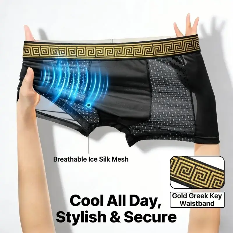 Mens Ice Silk Mesh BoxerBriefs Gold Greek Waistband Breathable Underwear Quick-Dry Bulge Pouch Sports Trunks Plus Size Summer — image 2