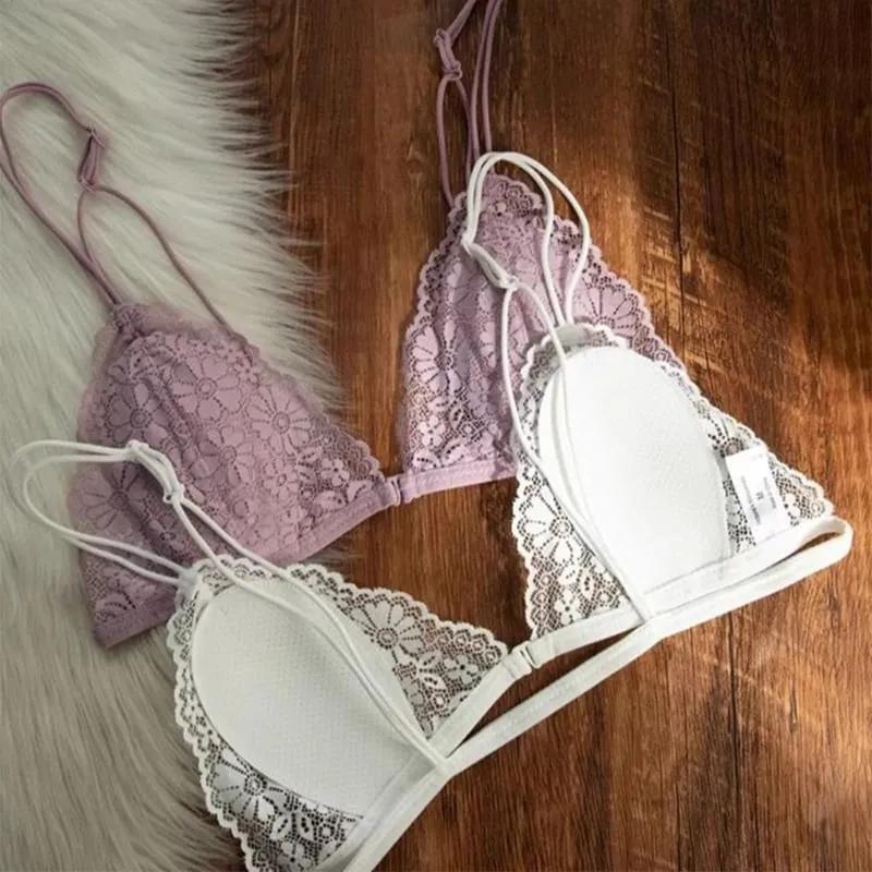 French Style Sexy Lace Thin Triangle Bra With Front Button Women's No Steel Ring Wireless Lingerie Underwear Beautiful Back Bra — image 4