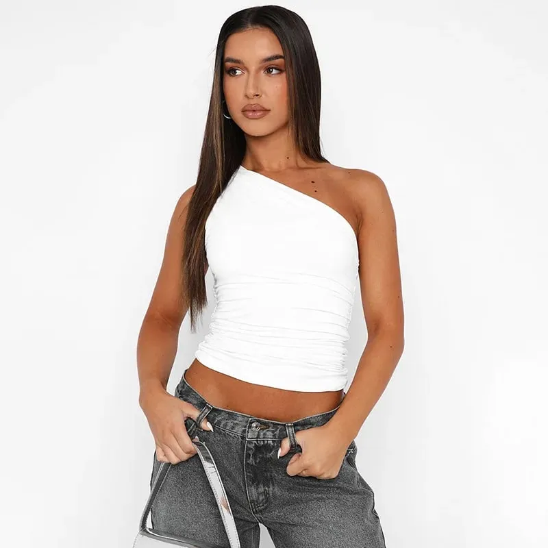 Solid Color One Shoulder Backless Shrink Tank Top T-Shirt Candy Color Tight Sexy Sleeveless Neckless Slim Casaul Top — image 4