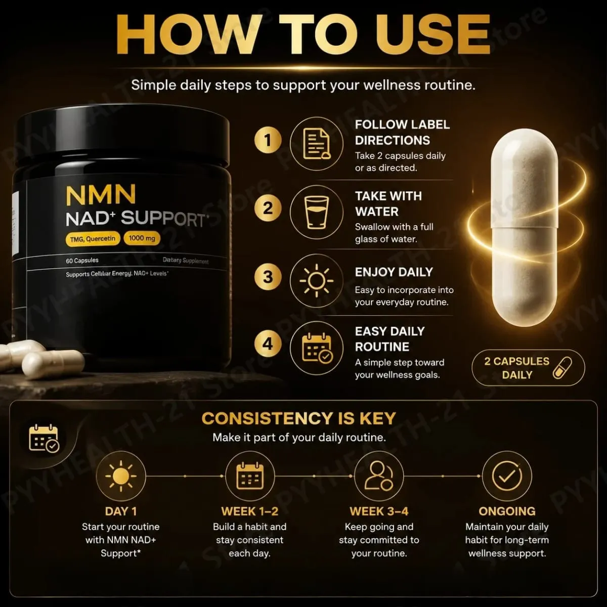 NMN NAD+ Κάψουλες Υποστήριξης 1000mg Υποστηρίζει Επίπεδα Κυτταρικής Ενέργειας Γνωσιακής Υγείας NAD+ με TMG Quercetin 60 Κάψουλες Ενήλικες