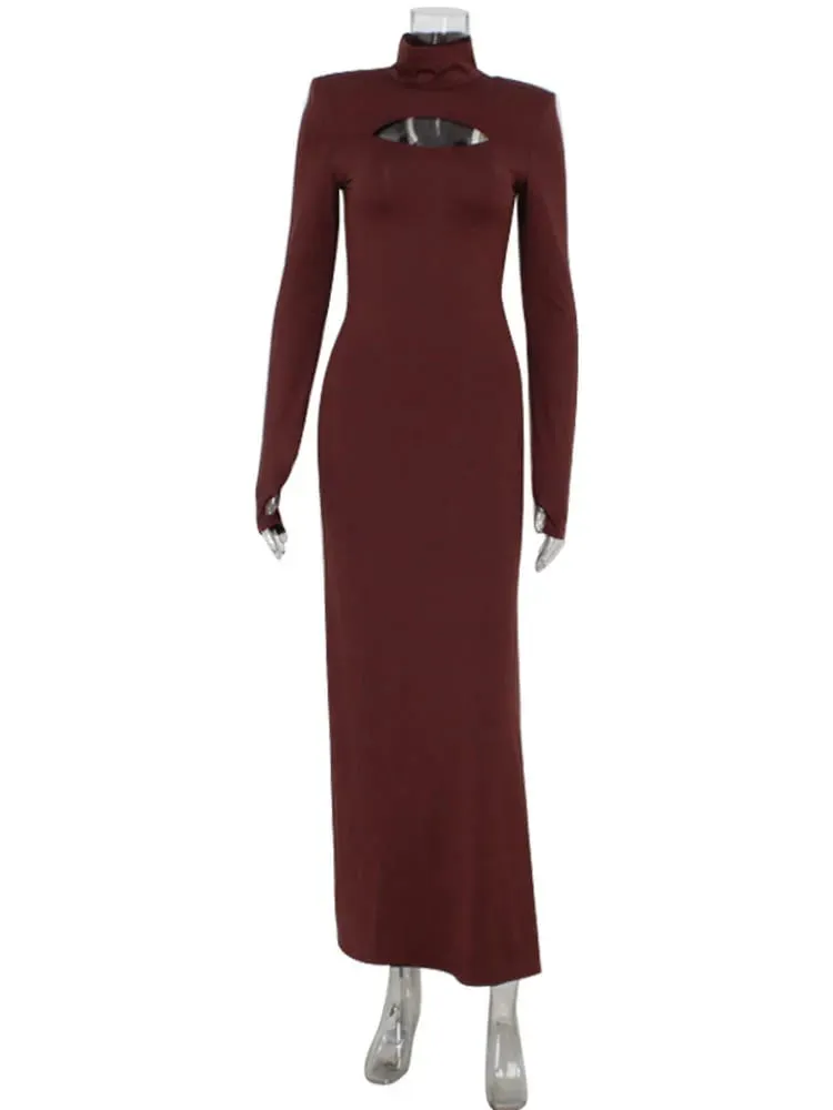 Ahagaga Sexy Sheath Γυναικεία Maxi Φορέματα Μασίφ ζιβάγκο κανονικά μακριά μανίκια Hollow Out Slim Fit Bodycon Party Vestidos Robes