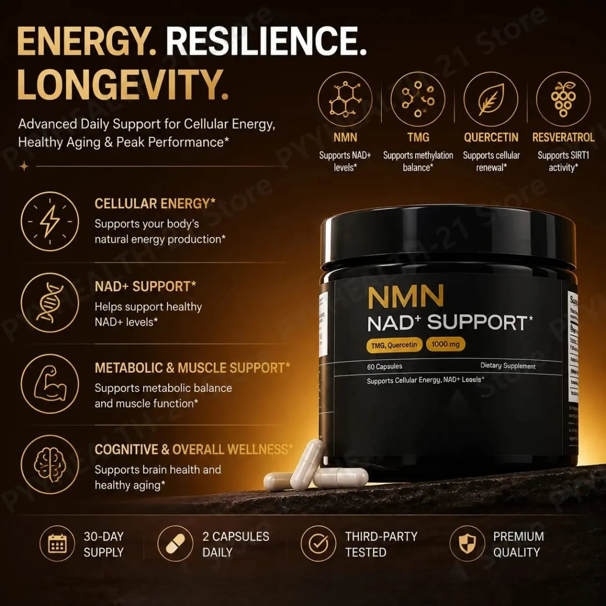 NMN NAD+ Κάψουλες Υποστήριξης 1000mg Υποστηρίζει Επίπεδα Κυτταρικής Ενέργειας Γνωσιακής Υγείας NAD+ με TMG Quercetin 60 Κάψουλες Ενήλικες