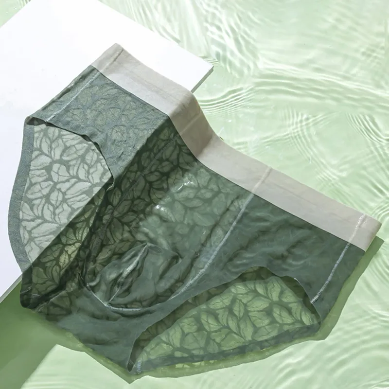 Men Ice Silk Ultra-thin Brief Underwear Seamless Lace Jacquard Breathable Pantie 3D Bulge Pouch Transparent Mesh Lingerie — image 12