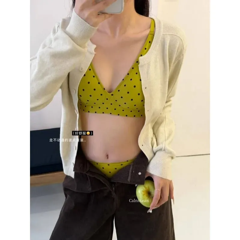 Amerikai retro pöttyös melltartó Seamless Deep V vezeték nélküli zselé támogatás megereszkedett fehérnemű szett Sexy Comfort MOYISU szexi melltartó szett — image 6