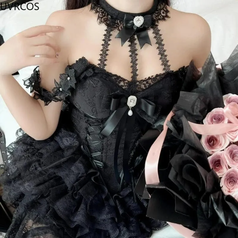 Ιαπωνικό βικτοριανό γλυκό φόρεμα Lolita Γυναικείο Harajuku Y2k Φιόγκο με δαντέλα με λαιμόκοψη Μίνι φορέματα βραδινού πάρτι Kawaii Black Red Deess — image 4