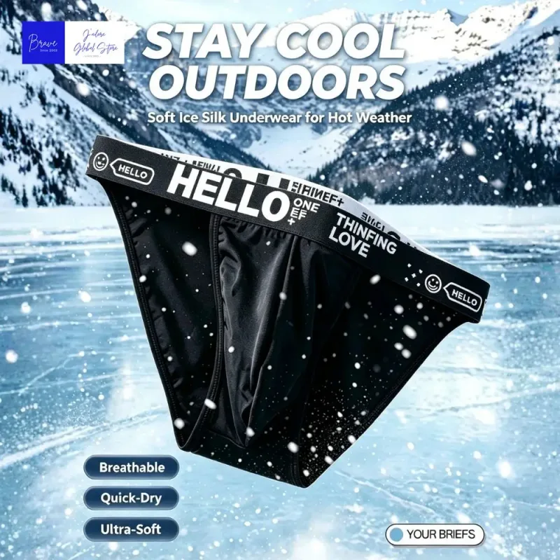 Men Trendy Ice Silk Bikini Briefs Hello Letter Print Moisture Wicking Breathable Athletic Underwear Stylish Cooling Underpants