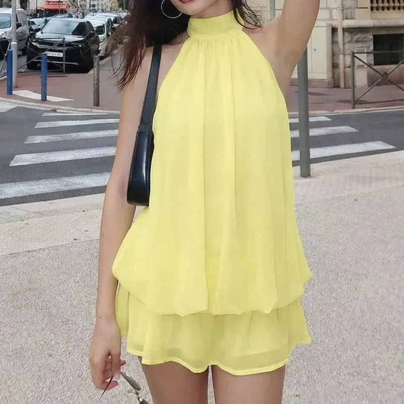 Sexy Women Chiffon Sleeveless Halter Backless Dress Lady Solid Color Tie Waist Slim Flared Dress Summer Beach Vacation Outfit — image 5
