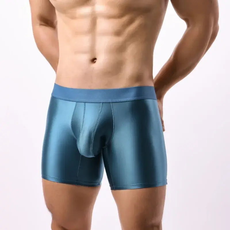 Bright Silky Smooth Underwear Men Stretch Satin Seamless Long Leg Boxer Shorts Bugle Pouch Sport Underpant Club Party Lingerie — image 4