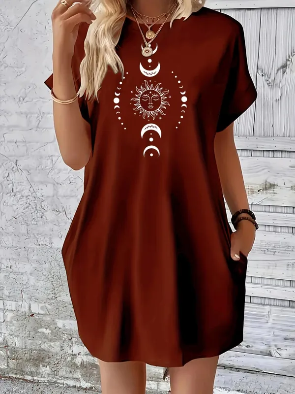 Női nyári laza nap hold bolygó mintás nyomott kerek nyakú rövid ujjú zsebes kényelmes alkalmi plus size ruha