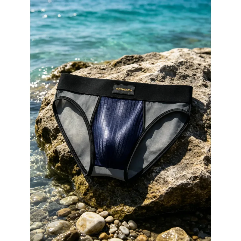 Mens Briefs Patchwork Sheer Mesh Vertical Stripe Gloss Pouch Low Waist Wide Elastic Waistband Breathable Male Underwear DP923