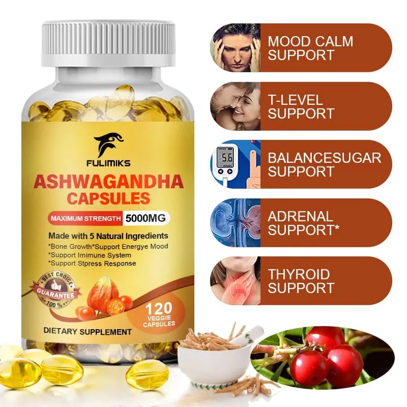 5000mg Ashwagandha Extract Capsules Help Deep Sleep Health Brain and Memory and Mental Stress Support Dietary Supplement