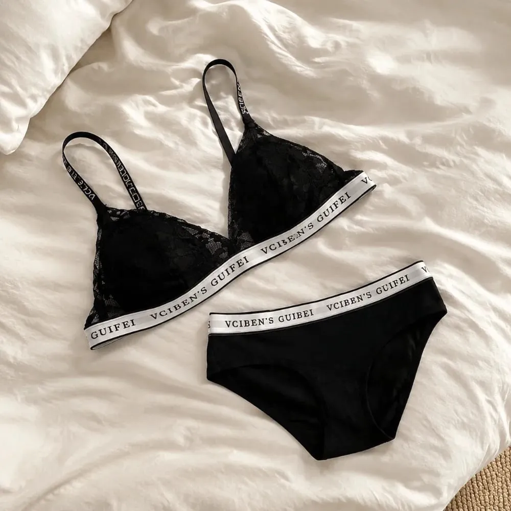 Breathable Letter Design Lingerie Set Lace Deep V Women Underwear Suit Wireless Color Blocking Bra Panties Set Girl — image 2