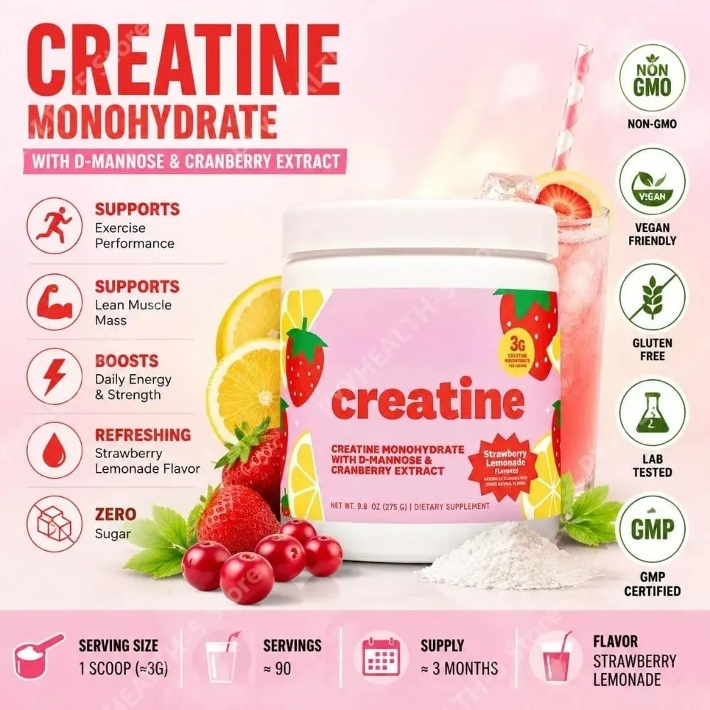 Creatine Monohydrate Powder Supplement 3g Serving Vegan Formula Strawberry Lemonade Flavor Zero Sugar for Active Lifestyle — image 2