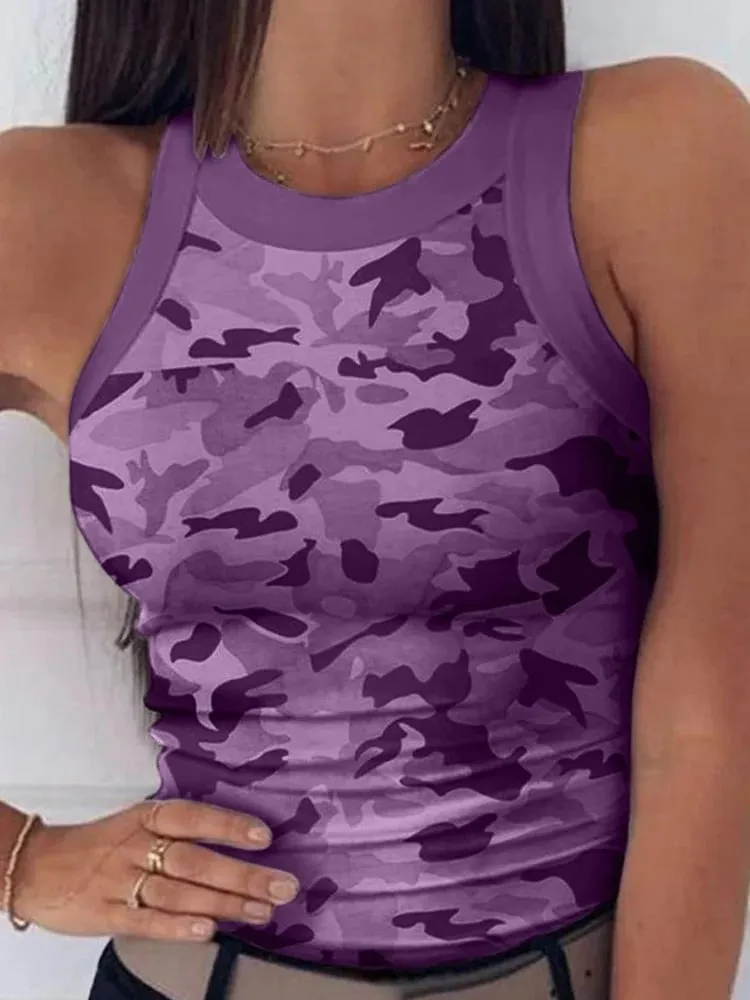 Γυναικεία camo με στρογγυλή λαιμόκοψη με ραβδώσεις, καλοκαιρινή βασική ελαστική καμιζόλα, σέξι αμάνικο γιλέκο με λαιμόκοψη, γυναικεία ρούχα — image 4