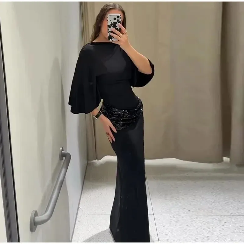 Női, hát nélküli flitteres patchwork maxi ruha Elegáns, széles ujjú, hosszú ruhák, nőies, új divatos esti parti napi köntösök — image 4