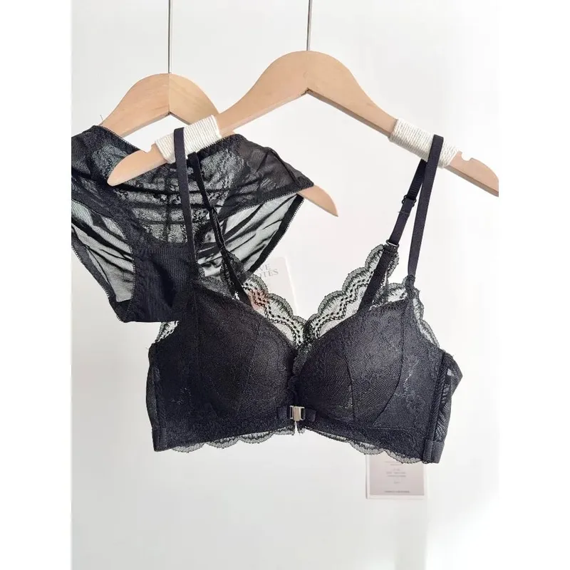 Women Small Bust Lace Bra Set Front Closure Wireless Beautiful Back Push‑Up Brassiere Soft Daily Lingerie Underwear Size 32‑38AB — image 4