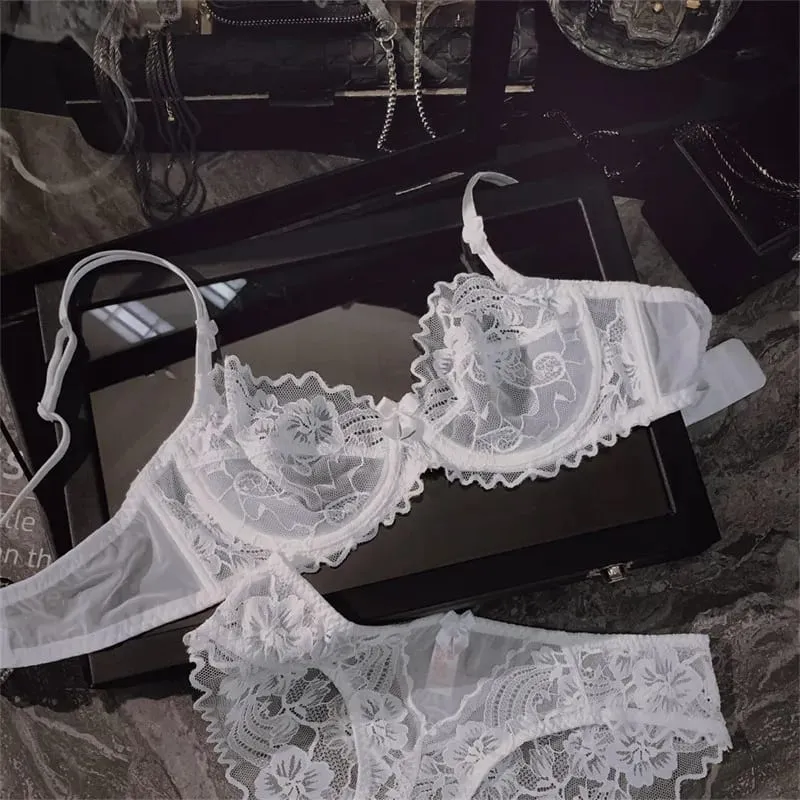 Γαλλικό Ultra Thin Sheer Lace Σετ σουτιέν Underwire Perspective Beauty Back Μεγάλο μπούστο Minimizer Side Shaping Anti Sag 32-38 Σετ σουτιέν