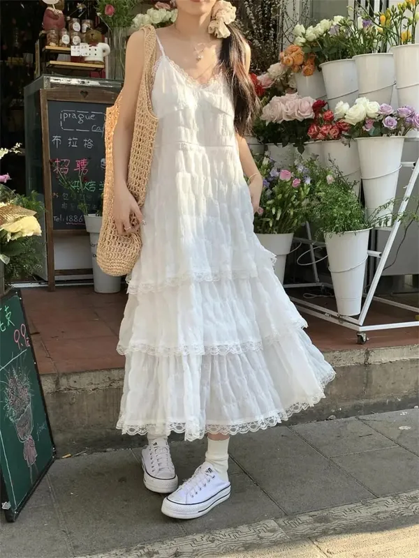 Καλοκαιρινό Befree Long Vintage Casual Ruffles Κομψό Maxi Strap Camis Silky Beach Lace Κομψό φόρεμα για πάρτι Vestidos Sexy Women