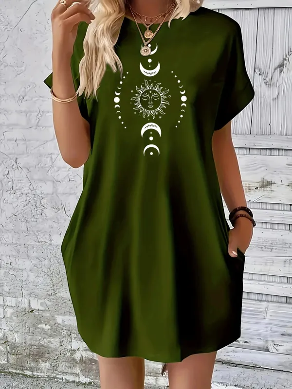 Női nyári laza nap hold bolygó mintás nyomott kerek nyakú rövid ujjú zsebes kényelmes alkalmi plus size ruha
