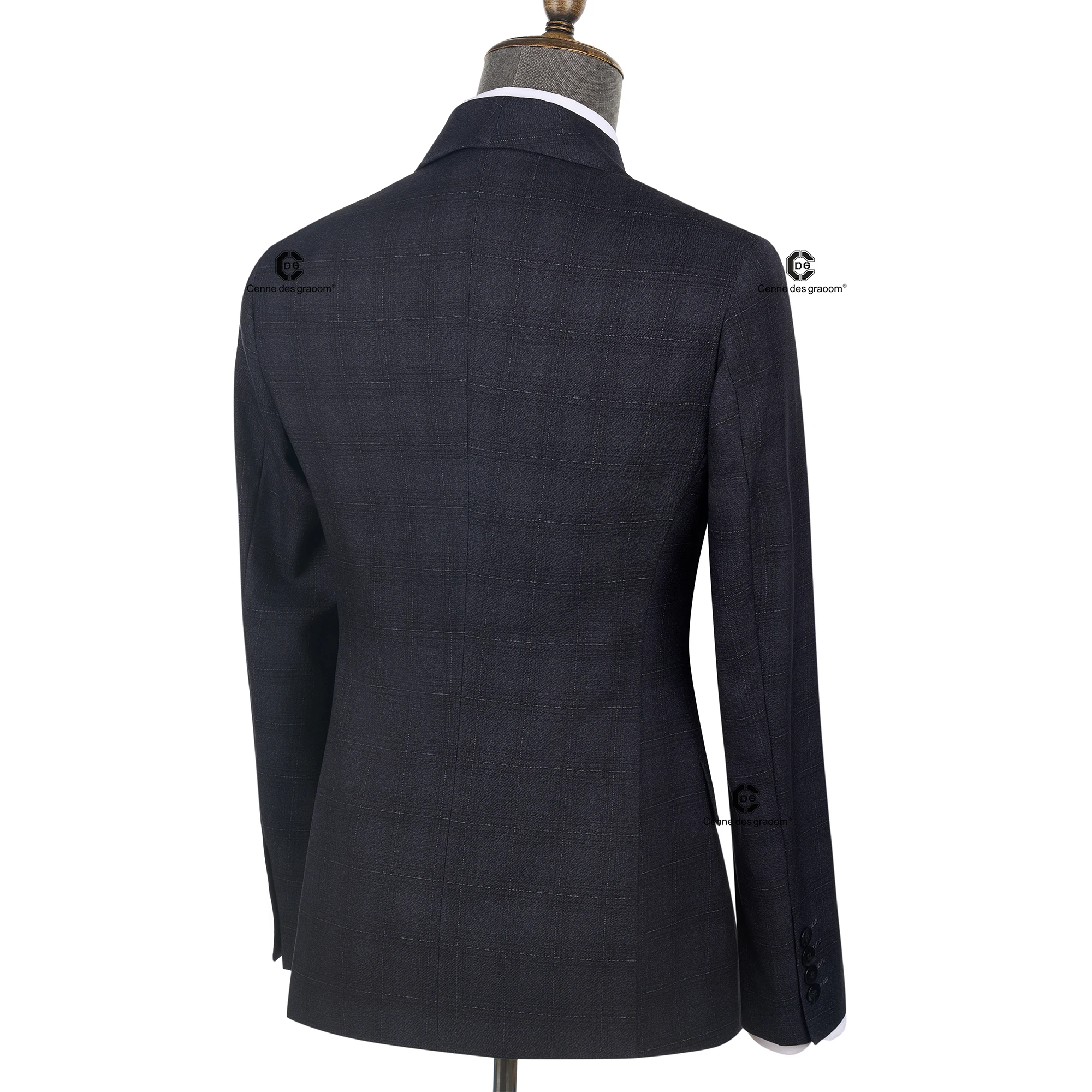 Cenne Des Graoom 2026 Dark Grey Plaid Double Breasted Men Suits With Shawl Collar Tailor-Made For Meeting Office Wear Wedding