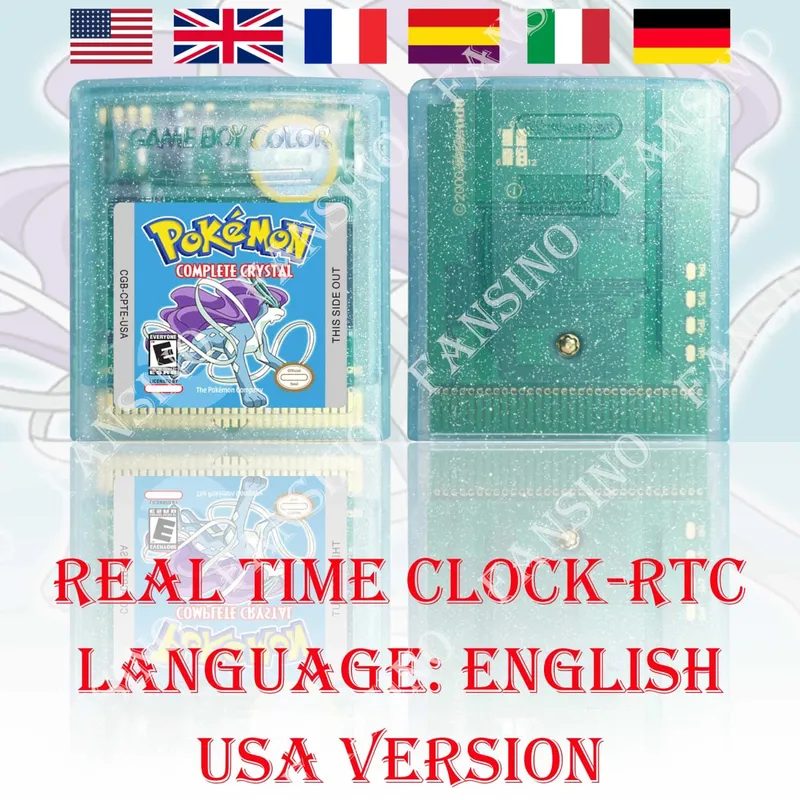 GBC Real Time Clock Pokemon Complete Crystal (v0.2) Kiváló minőségű GBC videojáték kazetta akkumulátorral GBA/GBC sorozatú konzolhoz