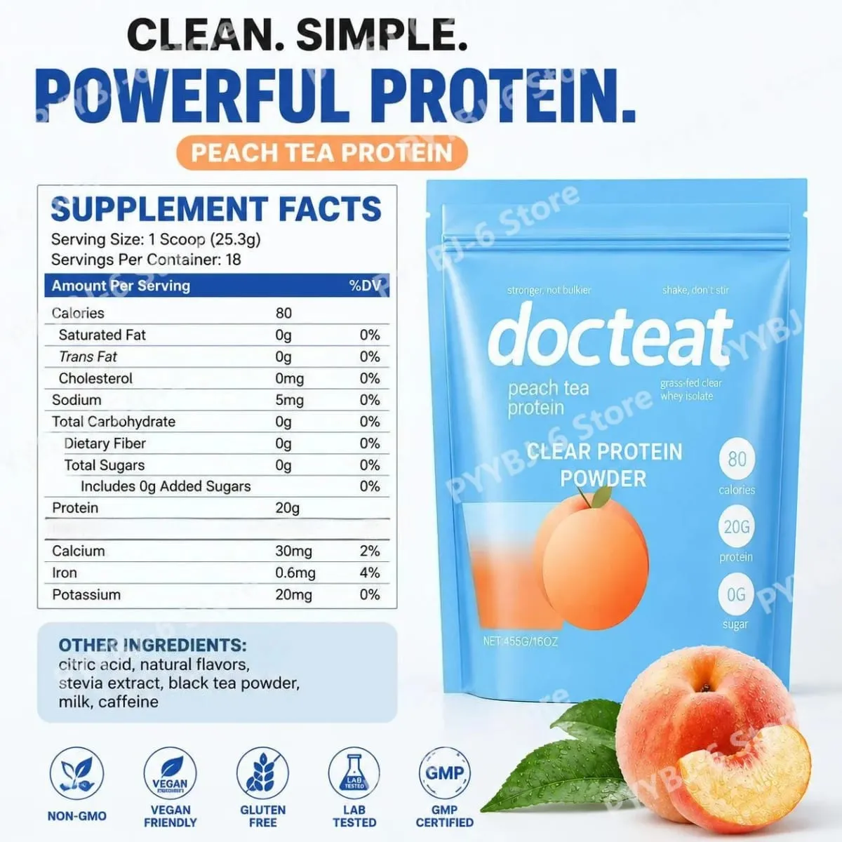 Docteat Peach Tea אבקת חלבון שקופה 455 גרם מי גבינה איזולט וסטביה 20 גרם חלבון דל שומן 0 גרם סוכר תמיכה להתאוששות אימון כושר