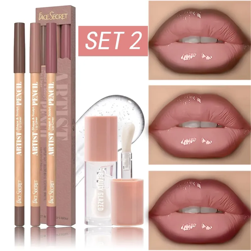 Σετ 4 τμχ Lip Liner & Lip Gloss Σετ αδιάβροχο, μακράς διαρκείας, αδιάβροχο, απαλό καθημερινό κιτ μακιγιάζ χειλιών — image 8