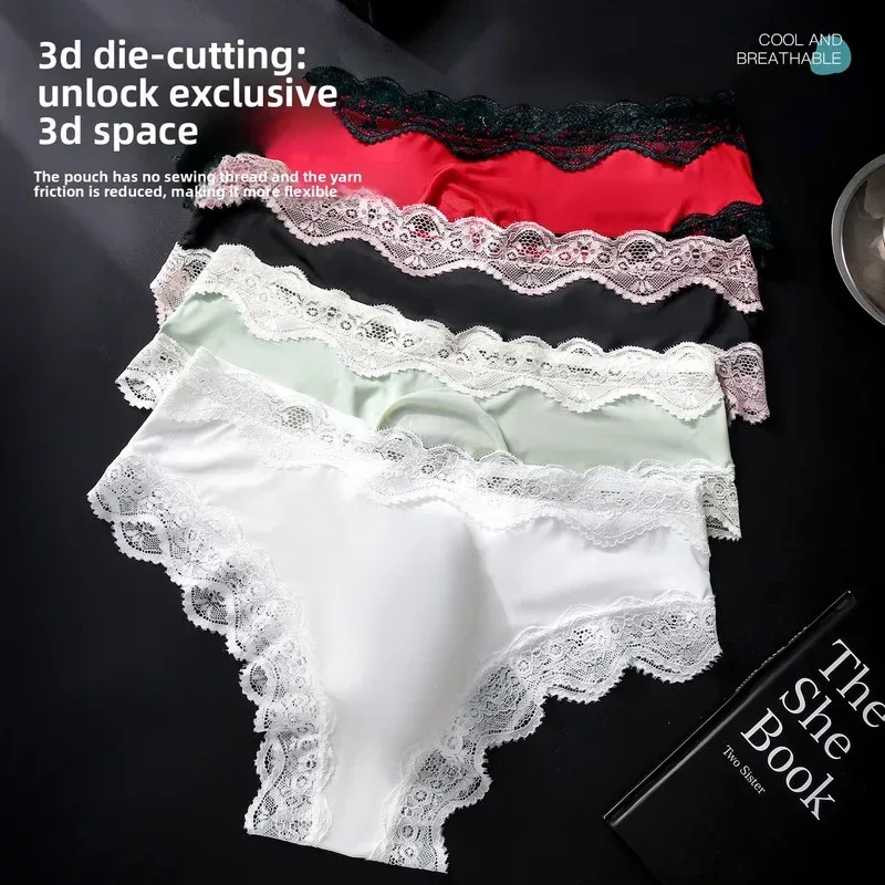 Male Full Lace Edge Briefs Back Bow Strap Ice Silk Satin Low Rise U Pouch Soft Breathable Men Underpants
