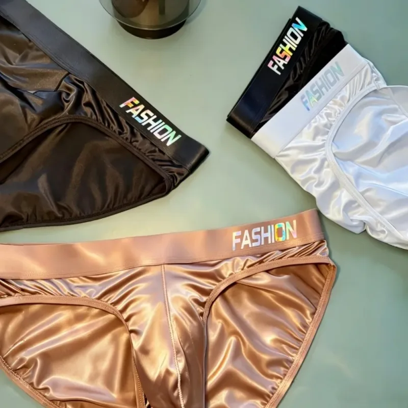 Underwear Men's Triangle Panties Low Waist Ultra Smooth Satin Silky Briefs Lingerie Gradient Letter Glossy Underpants Daily Wear — image 8